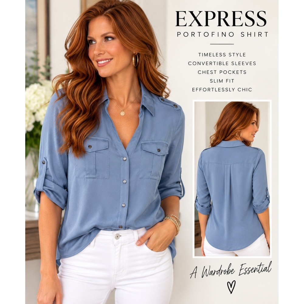 Express Portofino Shirt Womens Medium Slim Fit Blue Roll Tab Sleeve Button Down
